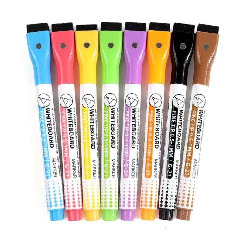 8 Color Erasable Whiteboard Marker 0.5MM Fine Tip Marker Pen with Eraser for School Office Whiteboard Flipchart