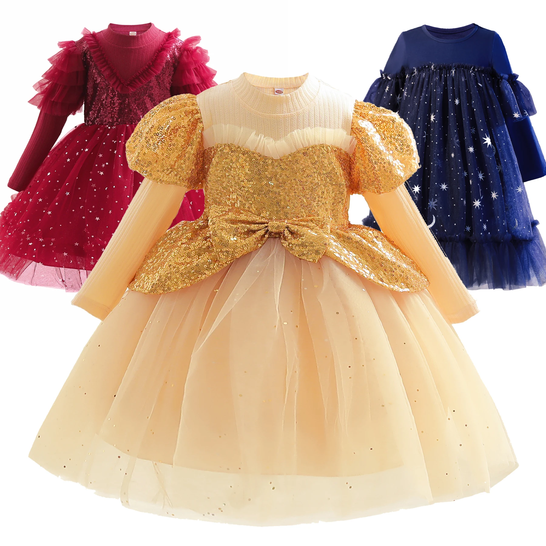 

2-10 Years Girls Kids Long Sleeve Princess Party Dresses Children Dress For Party Performance Ceremony Pageant Gowns