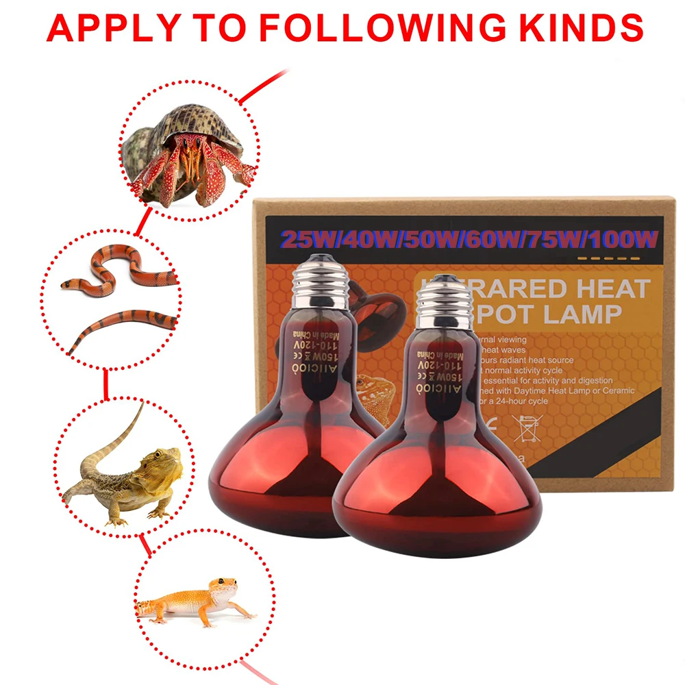220V Infrared Heating Lamp for Poultry and Pets E27 Red Heat Bulb 25W 100W for Amphibians Reptiles Snakes with UVA Light infrared heating lamp