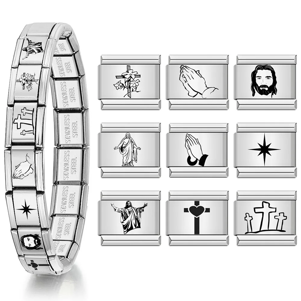 1pc Italienischen Charme Armband Kreuz Religion Jesus Edelstahl Rray DIY Machen Elastische Link Kette Mode Schmuck Zubehör – Detail 1