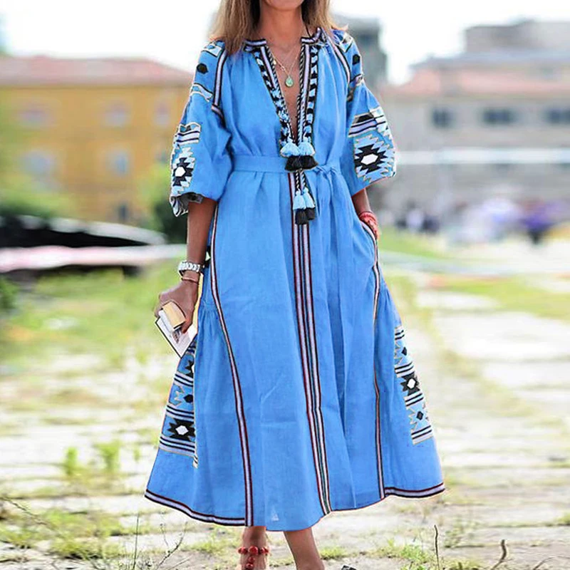 Vestido Spring Summer Women\'s Boho Dress Fashion Elegant Sexy V-Neck Retro Digital Printed Tassel Puff Sleeve Mid Length Dresses