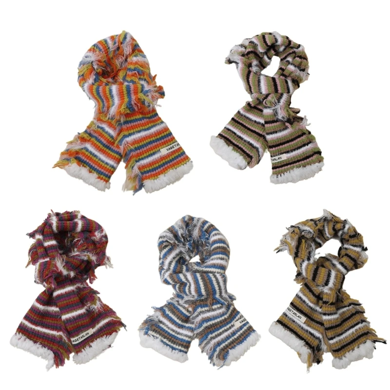 

Fringed Edges Striped Scarf for Girls Winter Warm Scarf for Teens Dopamine Look