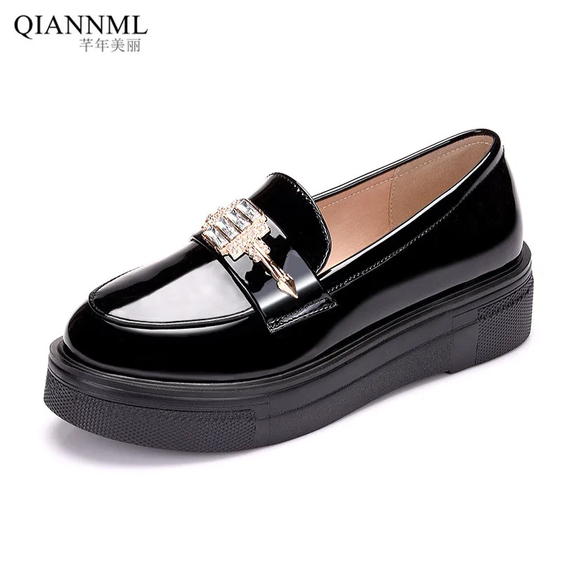 Small Size 33-43 British 2023 Thick Platform Shoes Women's Leather Rhinestone Office Casual Flats Slip on - AliExpress