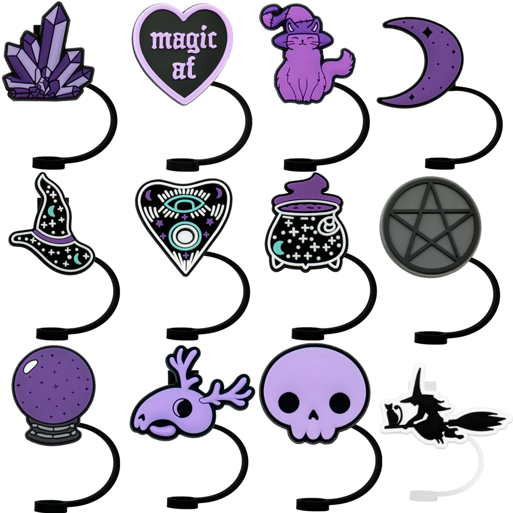Description Picture 4 of item1-12PCS Silicone Magic Purple Straw Toppers for Cup,Witches Cat Moon Skull 10mm Straw Covers Cap Dustproof Drinkware Tips Party