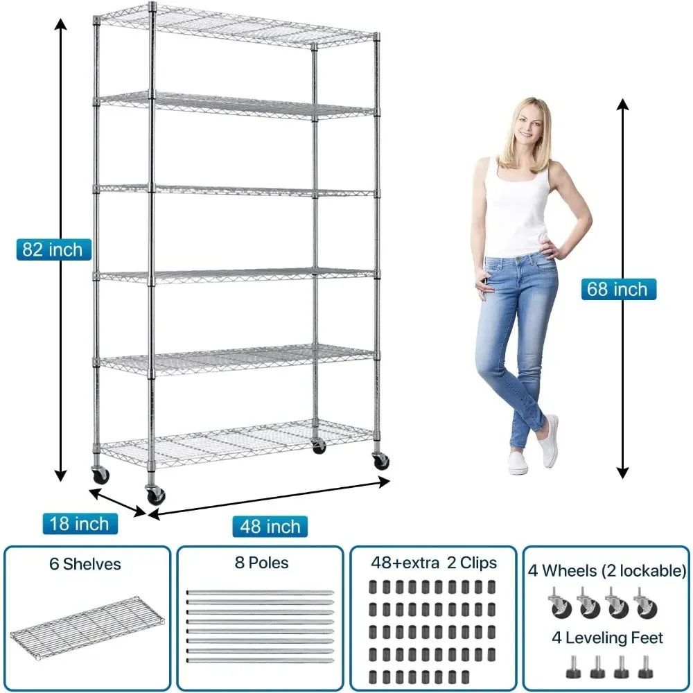 6 Tier Wire Shelving Unit Metal Storage Shelves w/Wheels, 350 Capacity Per Shelf, Heavy Duty Steel Garage Shelf, 48" L X 18" W X 3