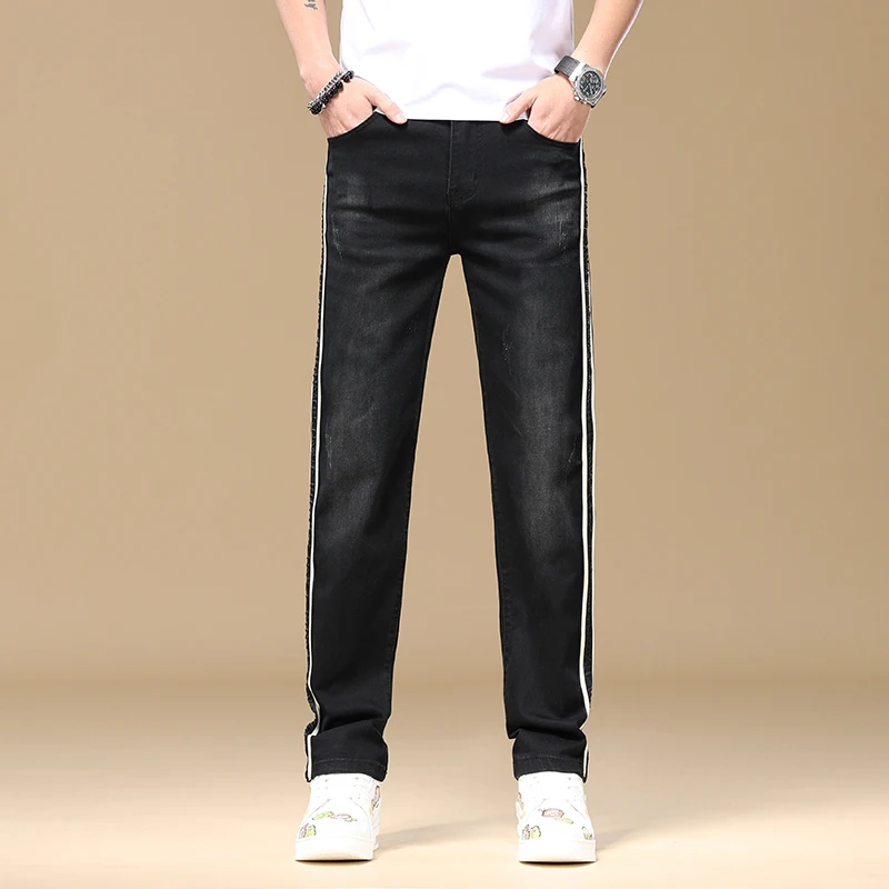 Summer Thin Striped High-End Men's Straight Jeans Black Embroidered Stretch Loose-Fitting Wide-Leg Trouser2024Fashion Trend