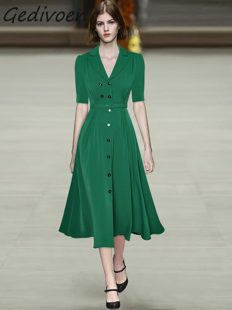 

Gedivoen Summer Fashion Designer Vintage Green Dress Women Short Sleeve Single Breasted Frenulum High Waist Big Swing Midi Dress