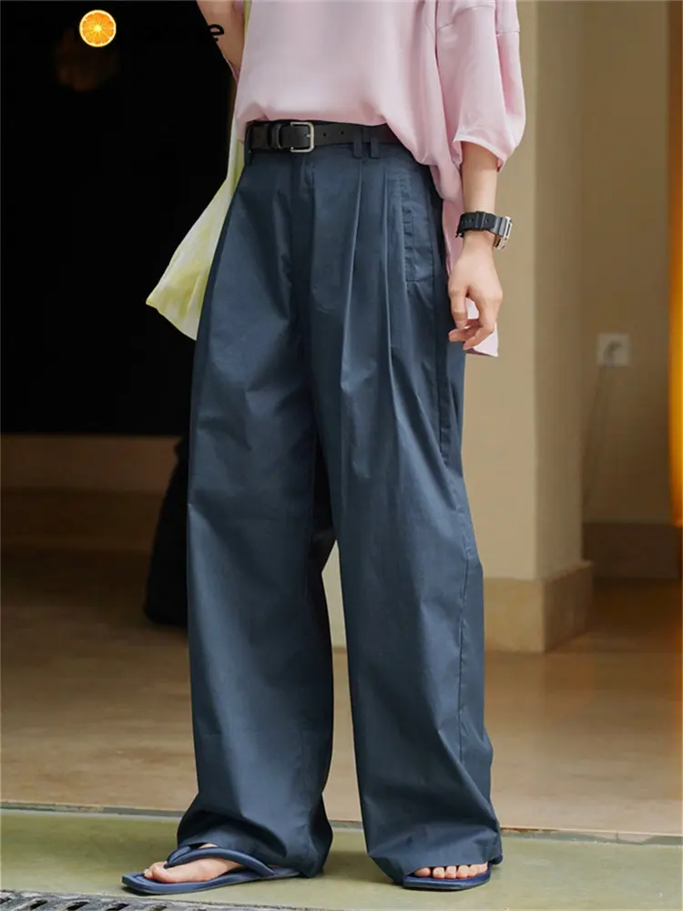 HanOrange Simple Commuter Pleated Wide Leg Thin Pants Women Loose Lightweight Hanging Trousers Female Navy Blue/Beige jeans women s pants blue commuter real time shoot summer new silk versatile slim slim slim flare thin material