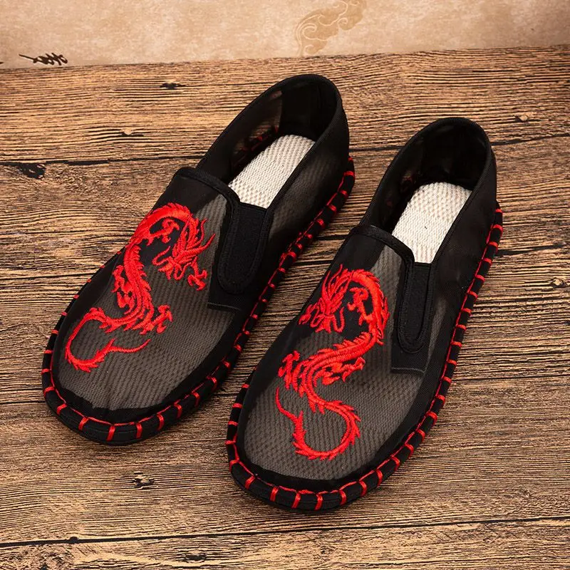 chinese ethnic characteristic guaze embroideried old peking shoes men breathable casual flat shoes adult exercise antiskid