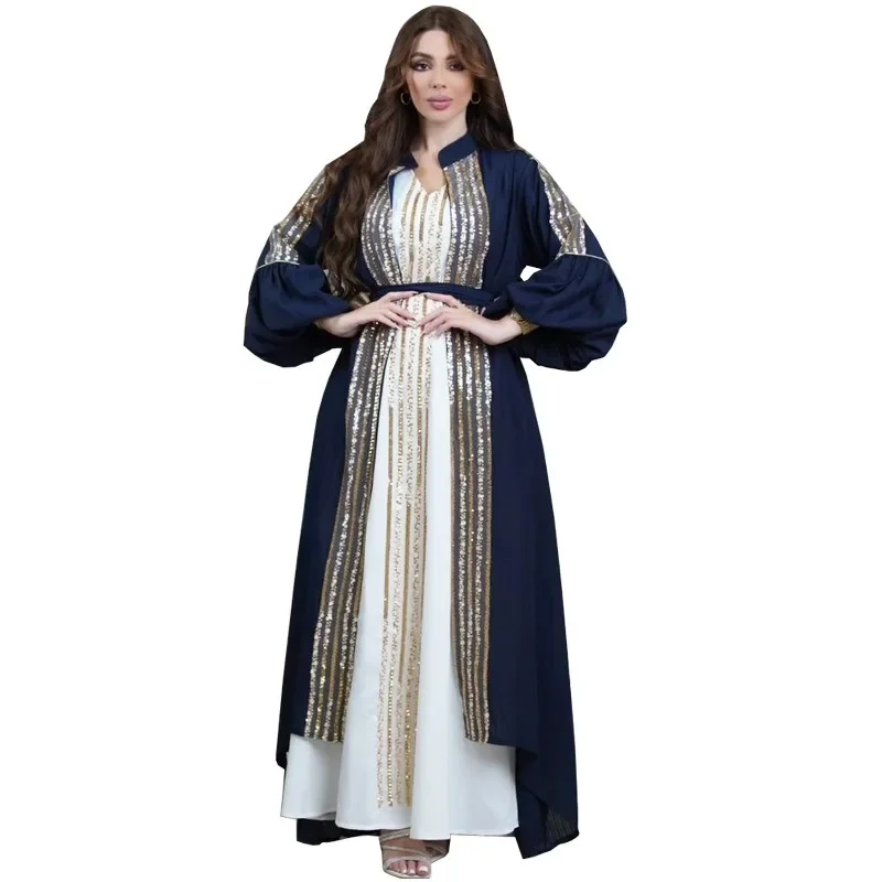 Robe Muslim Fashion Women's Wear Sequin Embroider Two-Piece Set Puff Sleeve Dress Muslim Dress Women Formal Dress