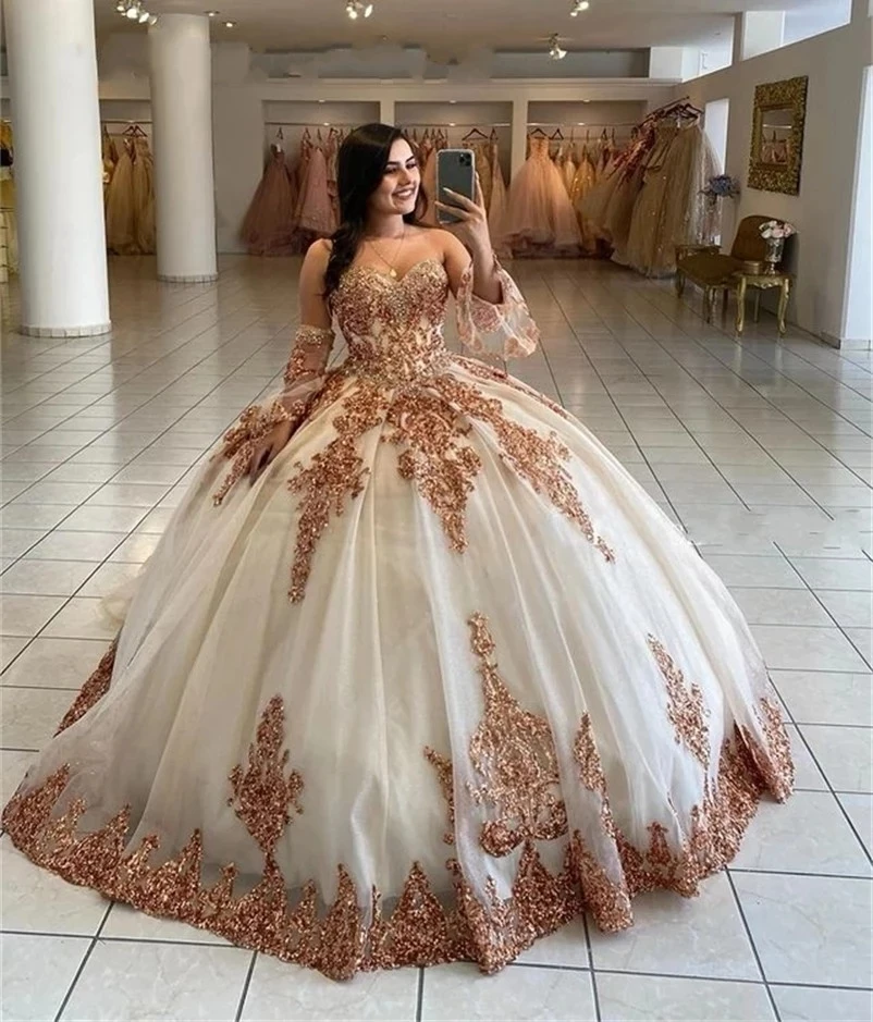 ANGELSBRIDEP Sweetheart Quinceanera Dresses For 15 Party Fashion Detachable Sleeves Applique Formal Birthday Princess Gowns