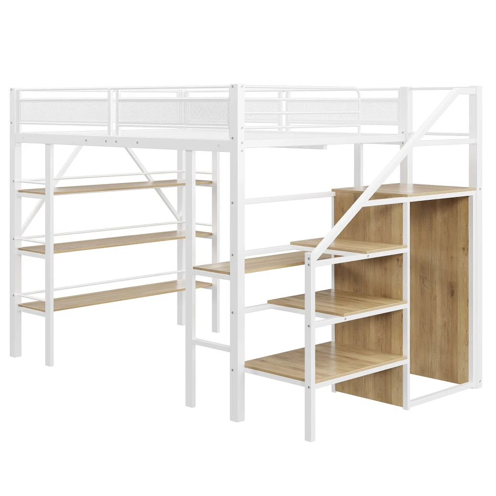 90x200cm Hochbett, mit LED-Lichtleiste und Steckdose, Schmiedeeisernes Bett mit Stauraum und Bücherregal, Einzelbett – Detail 23