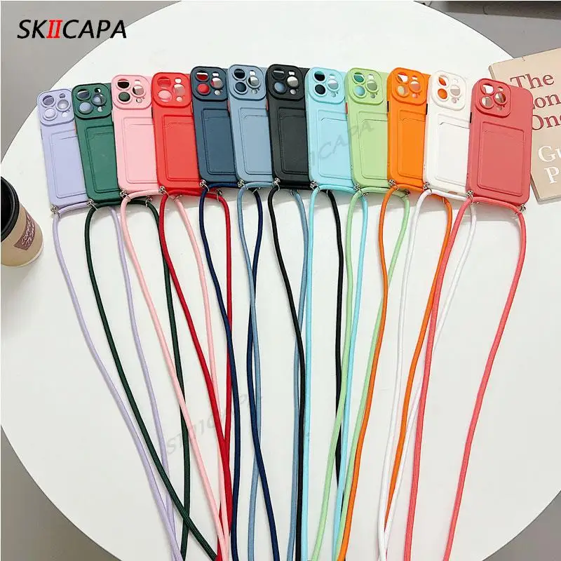 Crossbody Necklace Chain Matte Silicone Phone Case with Card Slot Wallet and Lanyard