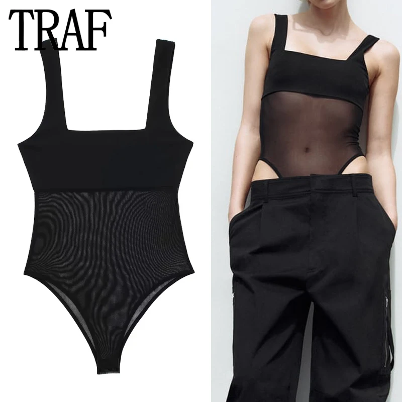TRAF 2023 Tulle Black Body Woman Sleeveless Mesh Bodysuit Women Summer