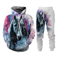 Automne Vintage Animal cheval 3D sweat à capuche imprimé costume hommes sweats pantalons de survêtement mode deux pièces survêtement ensemble homme vêtements 1