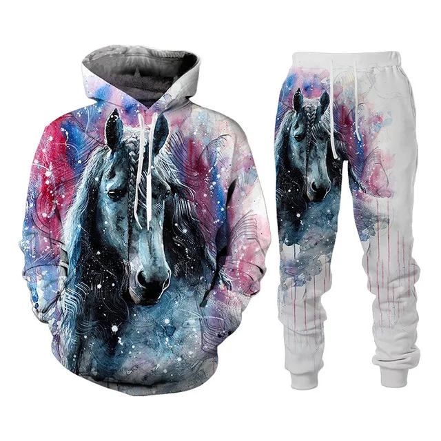 Automne Vintage Animal cheval 3D sweat à capuche imprimé costume hommes sweats pantalons de survêtement mode deux pièces survêtement ensemble homme vêtements 1