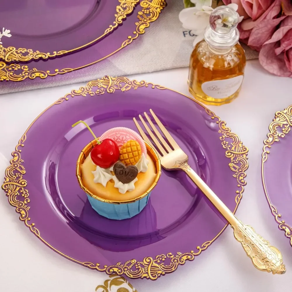 350PCS Purple Plastic Plates Purple Plastic Dinnerware Sets for 50 Guests 100 Disposable Plates 150 Gold