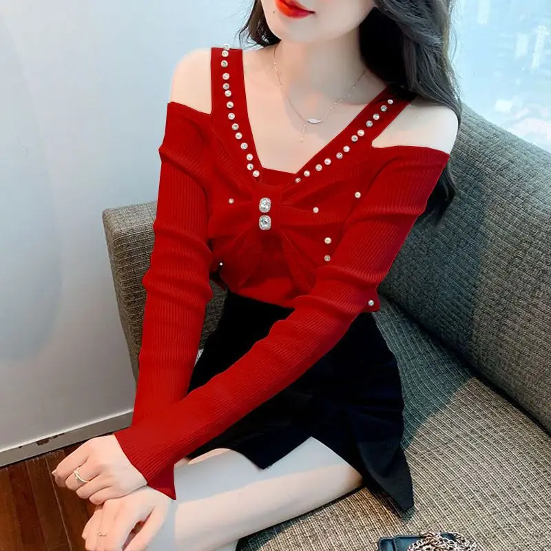 Fashion V-Neck Diamonds Bow Off Shoulder Blouses Women's Clothing