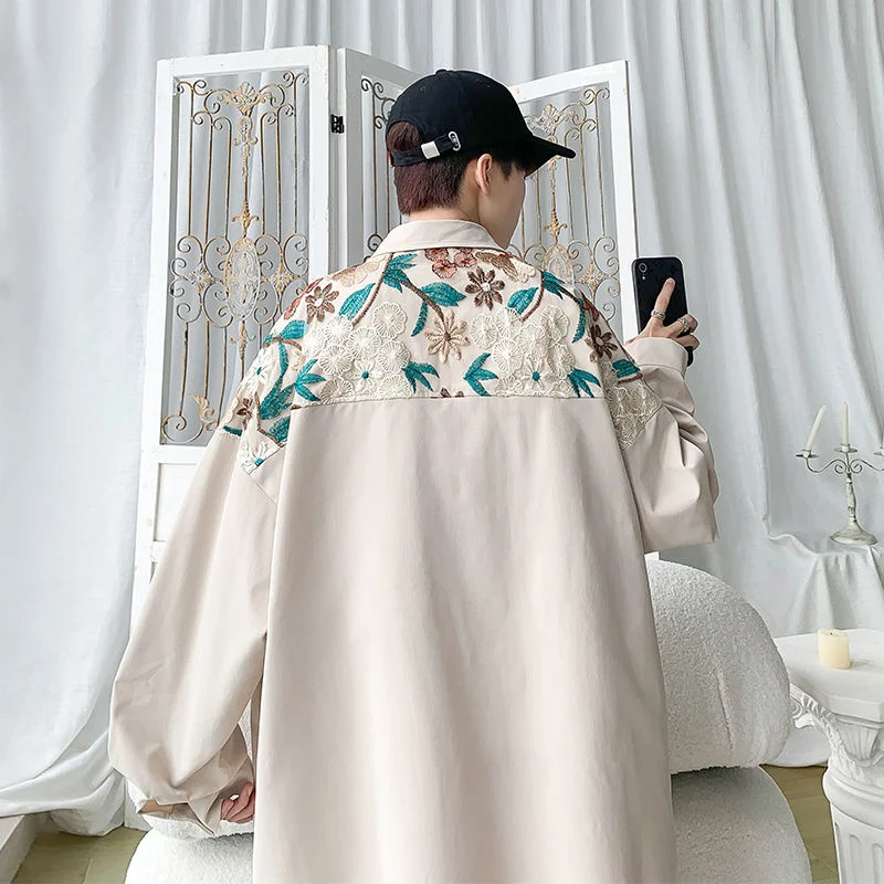 Autumn Embroidered Shirts Men Fashion Retro Flower Shirts Mens Japanese Streetwear Loose Long Sleeve Shirts Men Plus Size M-5XL