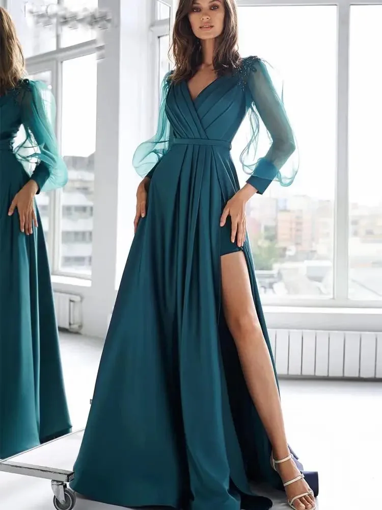 

Simple Side Slit V-Neck Evening Dresses Long Sleeves Satin Backless Party Gowns Floor Length Vestidos De Gala Custom Made