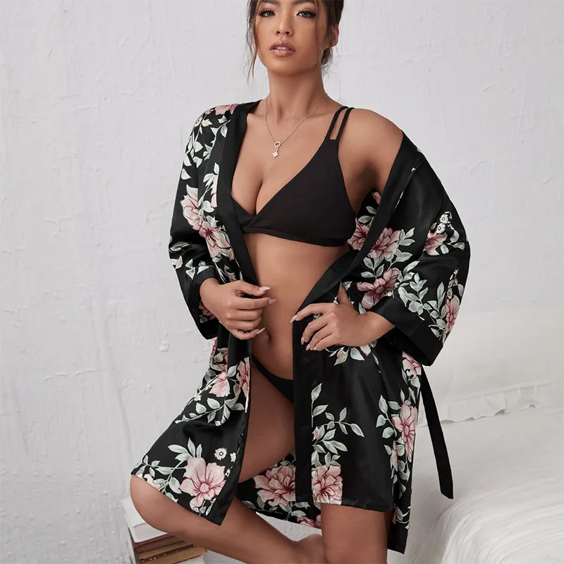 

Print Flower Kimono Robe Gown With Belt Rayon Nightgown Female Summer V-Neck Sleepwear Bathrobe Oversized 3XL-5XL Nightwear