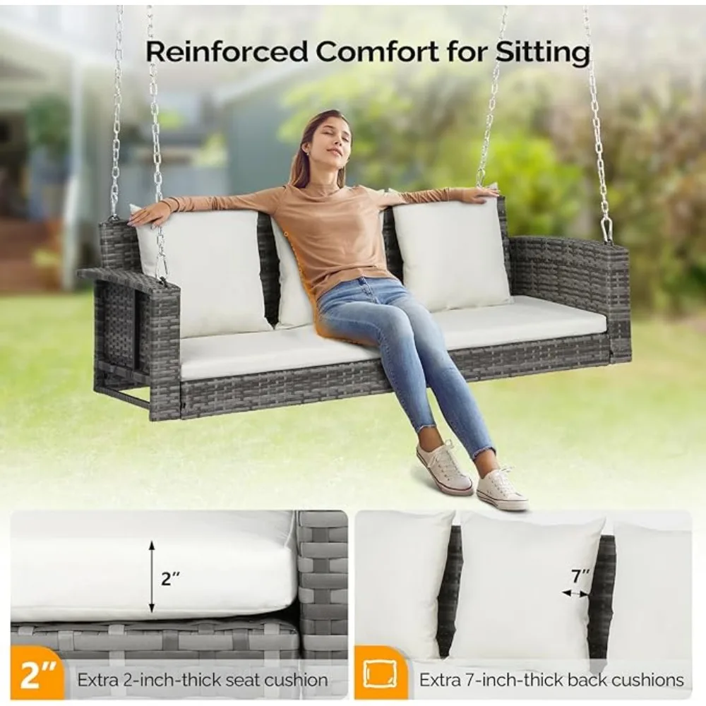 Rattan Porch Swing, Heavy Duty 800 LBS Outdoor Hanging Seat with Extra Cushion and Adjustable Chain, The Porch Swing Seat 6
