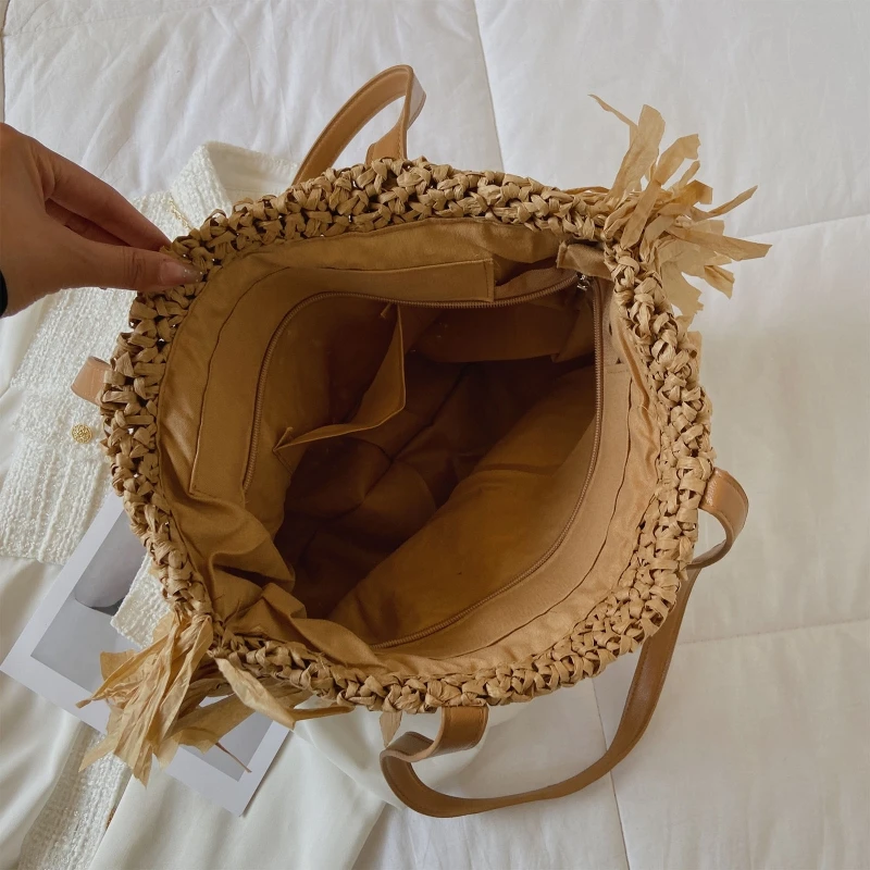 Simple Tassel Straw Bag Women Shoulder Bags Bohemian Round Woven Large Capacity Lady Tote