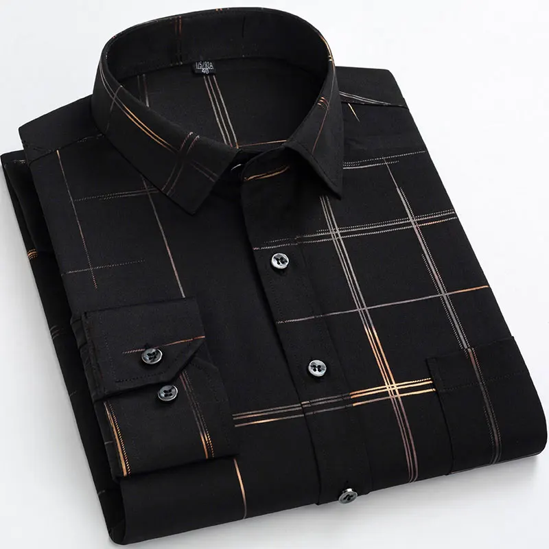 Plus Size 6XL Long Sleeve Men&lsquo;s Printed Plaid Stretchy Casual Shirts Large Regular Fit Elegant Social Work Business Dress Shirt