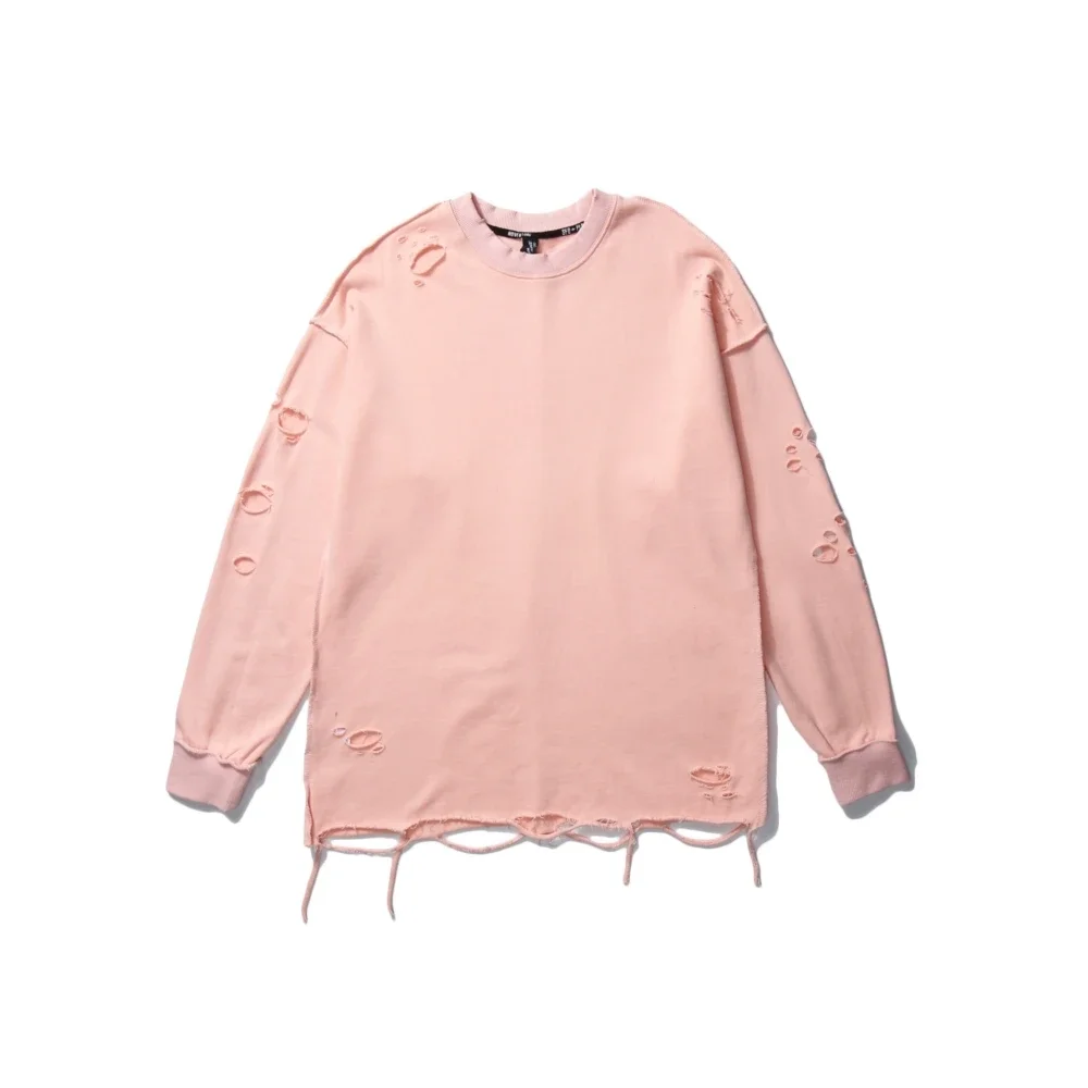 Camisolas rasgadas de manga comprida para homens e mulheres, pulôveres de ombro, streetwear com buracos rasgados, roupas grunge, sloth tops, primavera