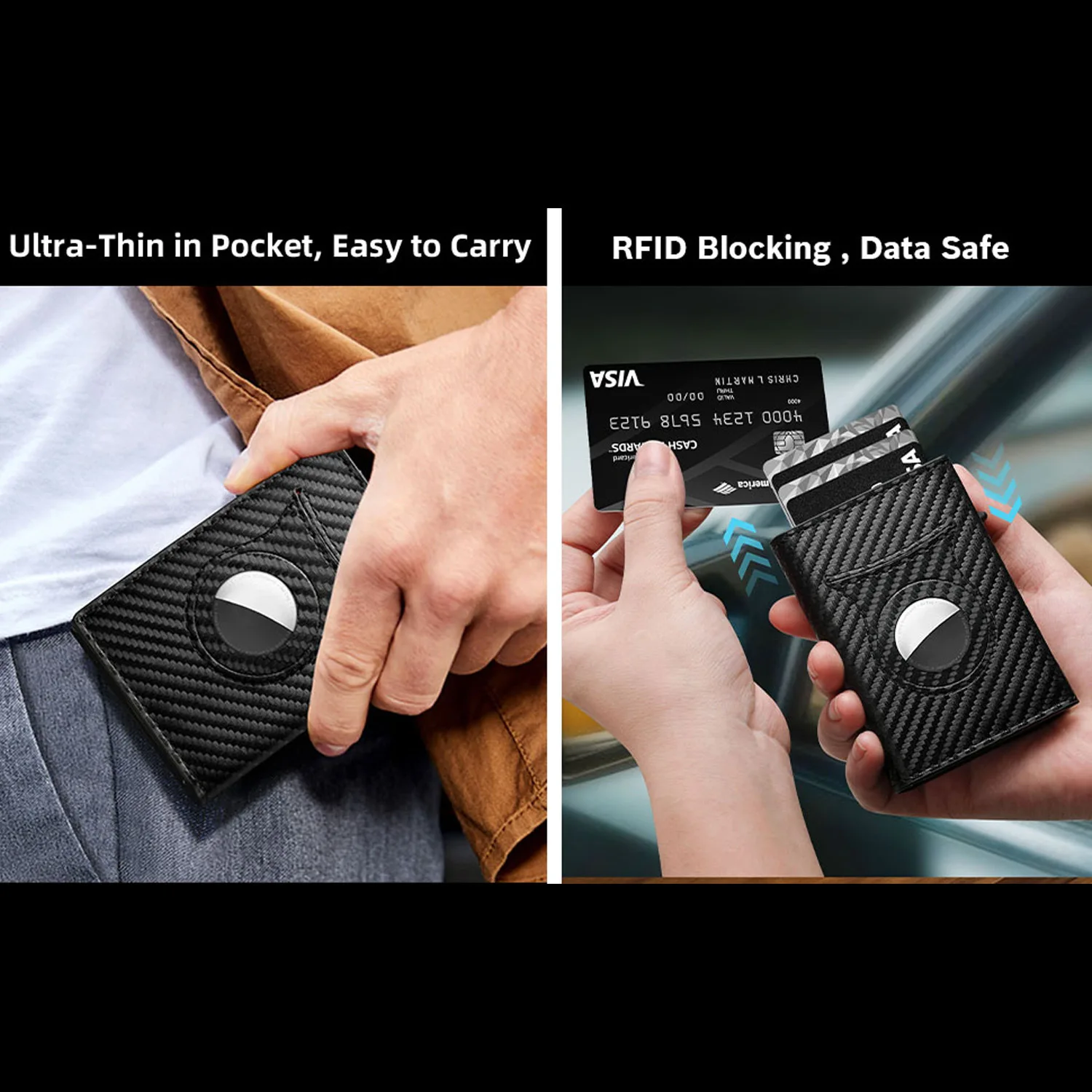 Wallet Card Holder Men Carbon Fiber Magnetic PU Leather RFID Three-fold Automatic With Zipper Coin Purse AirTag
