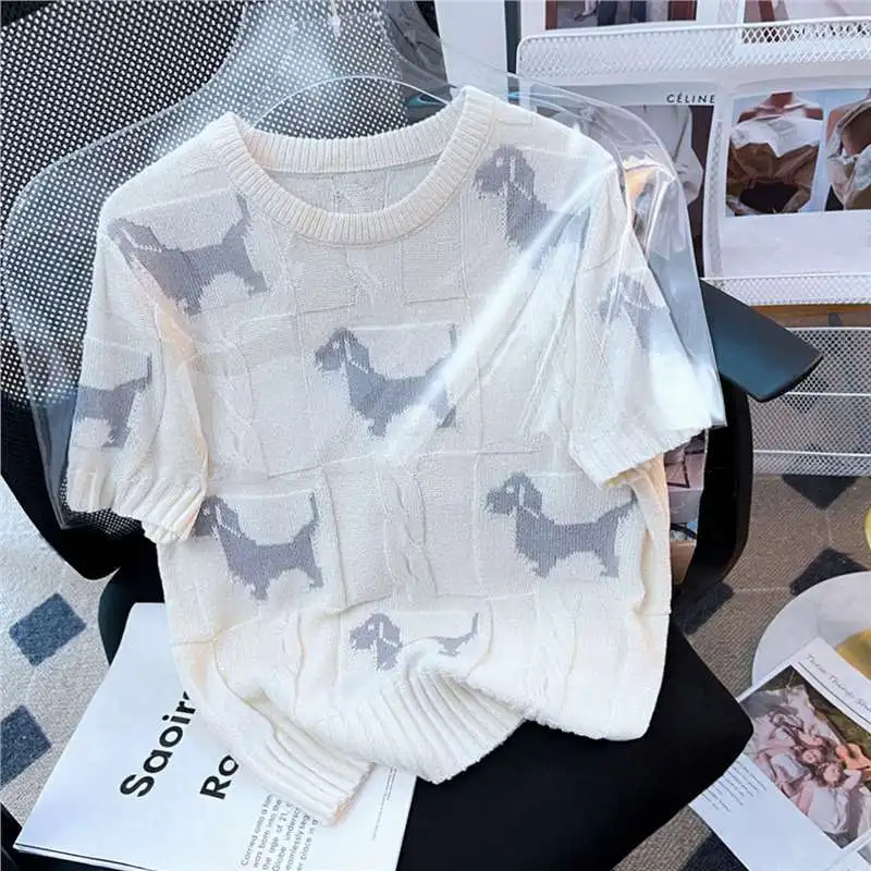 

Summer Crochet Knit T-Shirt For Women Cartoon Dog Crop Top Short Sleeves White Color Preppy Pullover Tee