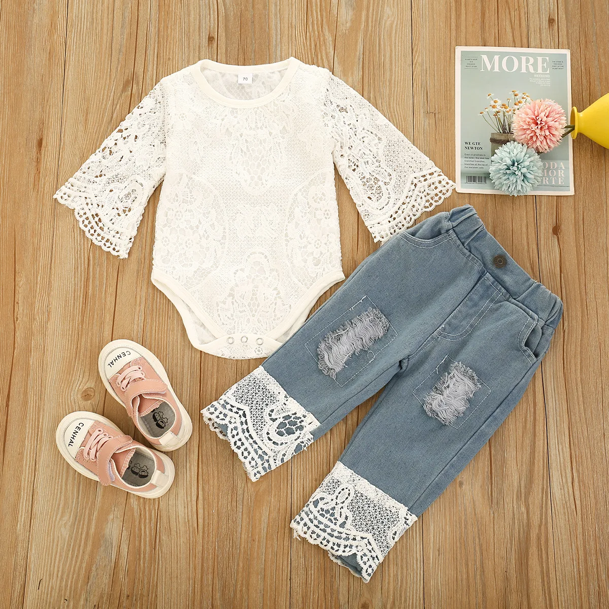 

New 0-24M Baby Girls Fall Clothes Long Sleeve Lace Romper Suit Triangle Crotch Lace Top Hole Long Jeans 2Pcs Outfit