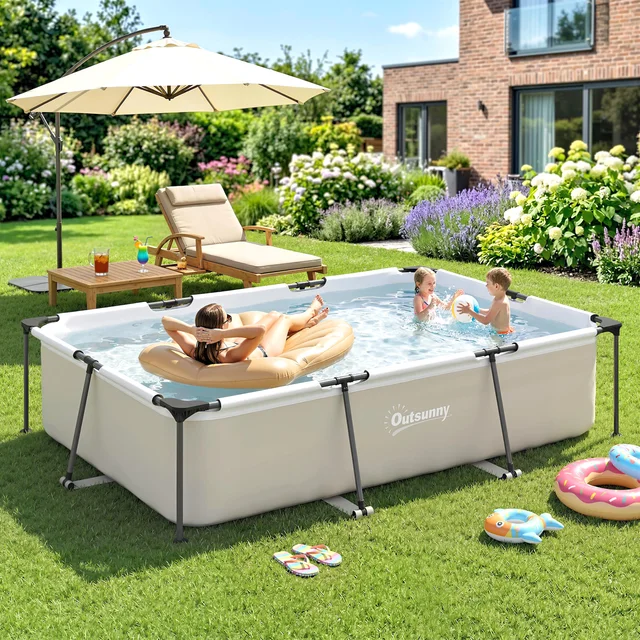 Piscine tubulaire démontable Outsunny 316X238X66.5 cm 3700 L, piscine rectangulaire avec structure métallique stable, patch de réparation, pompe filtrante non incluse pour 2-4 personnes, jardin, extérieur, gris 1