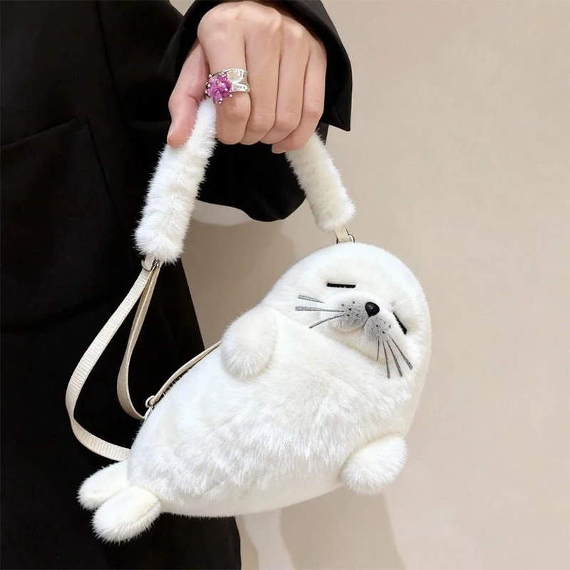 Cute Seal Plush Handbag Portable Soft Fur Bag for Women Girls Adorable Autumn Winter Ladies Pouch Handbag