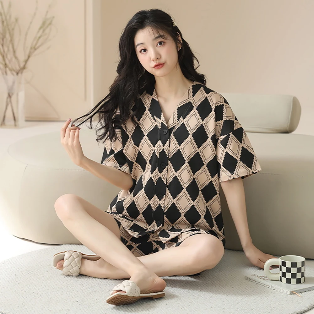 M-2XL 100% Cotton Antibacterial Women's Pajamas Set V Neck Short Sleeve+Shorts 2024 New Summer Japanese Style Soft Sleepwear