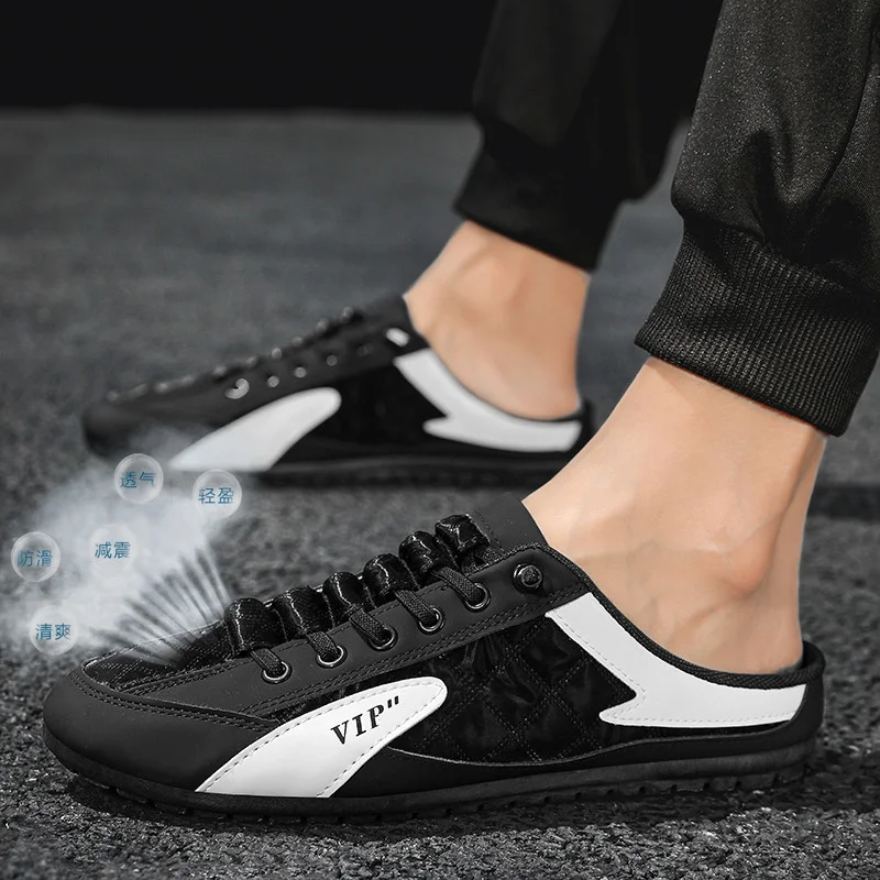 Fashion Men 2023 New Style Wild Flat Slippers Summer Mules Thin Mens Half Slippers Shoes Casual Flats Sandals Loafers Sneakers