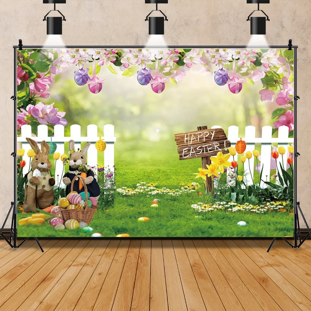 Fondale Pasquale Spring Garden Fence Green Grass Lawn Colorful Egg Floral Bunny Decor Baby Portrait Photography Background Photo