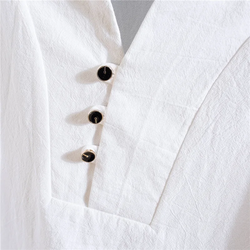 Summer Cotton and Linen Casual Suit V-neck Short-sleeved T-shirt Elastic Waist Tie Trousers Solid Color Two-piece Set