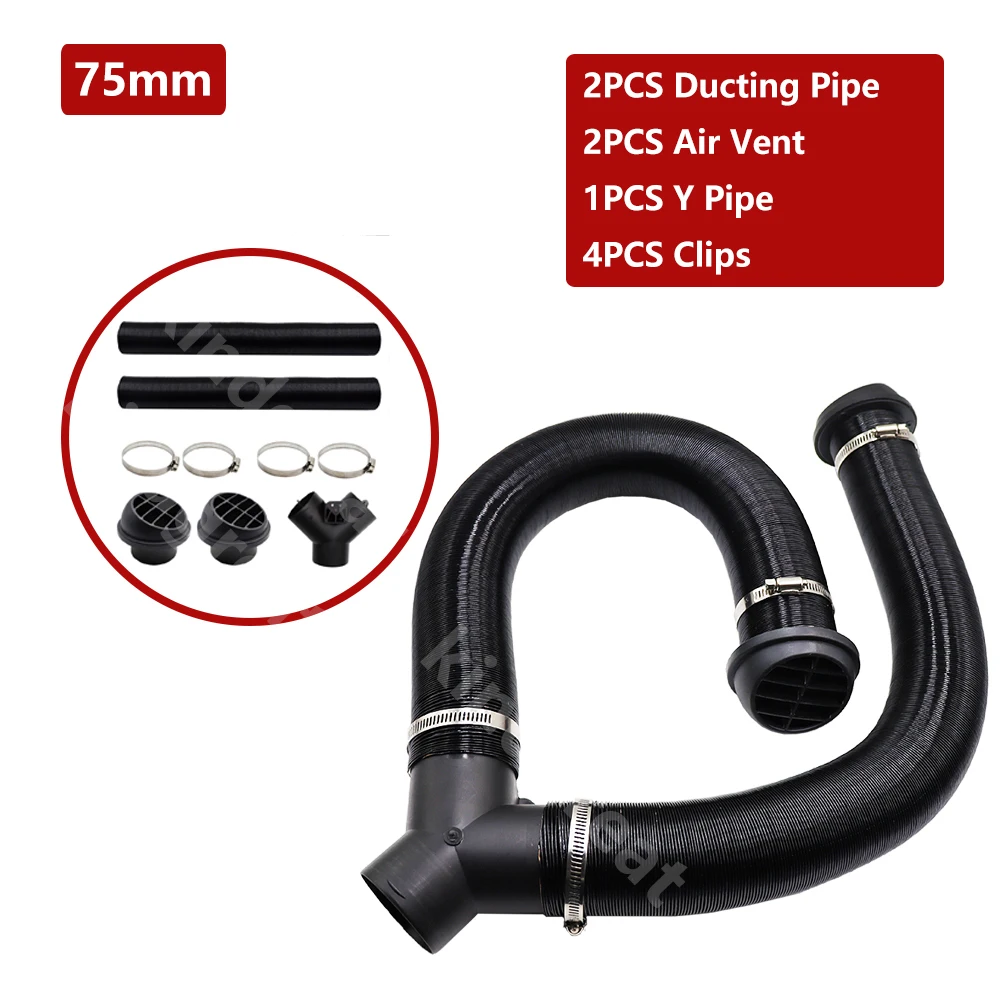 

75mm For Parking Diesel Heater Replacement Car Heater Air Outlet +Ducting Y/T Branch + Hose Clip + Parking Heater Air Vent