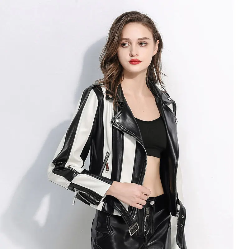 

Autumn Fashion White and Black Stripe Bomber Jacket Women Cartoon Street Style Short Slim PU Jackets and Coats
