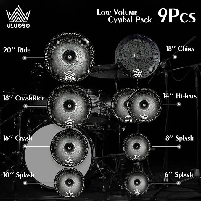 Low Volume Cymbal Pack, Silent Cymbals, Quiet Cymbals Set for Drummer Practice, 6/8/10''Spalsh+14''Hihat+16"Crash+18''Crash+18''