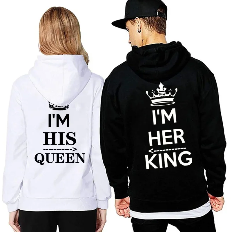 

NEW Couples Hoodies I'M HIS QUEEN And I'M HER KING Print Hooded Long Sleeve Couple Queen King Sweatshirt Women Men Fashion Casua