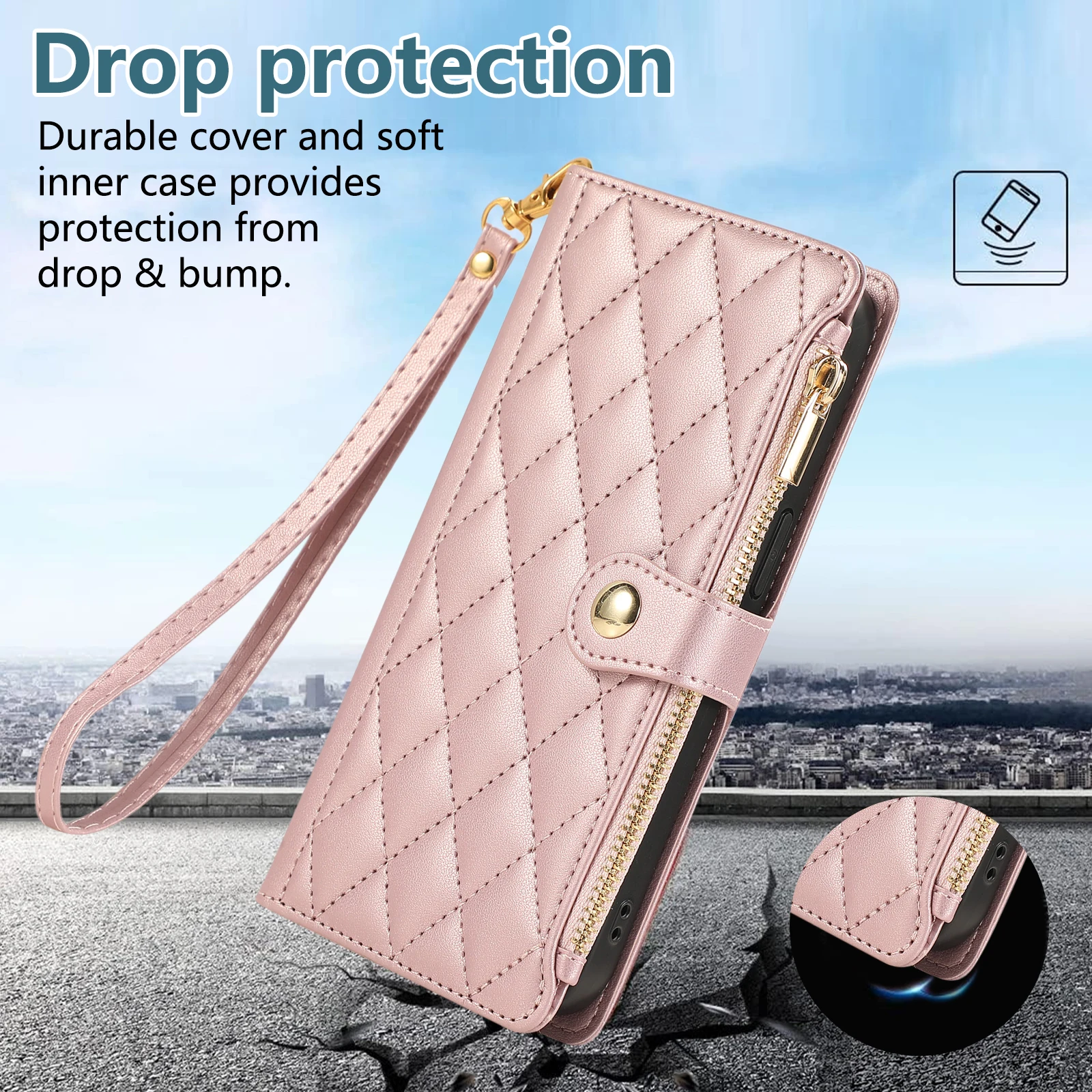 Elegant Crossbody Leather Wallet with Zipper and Diamond Design