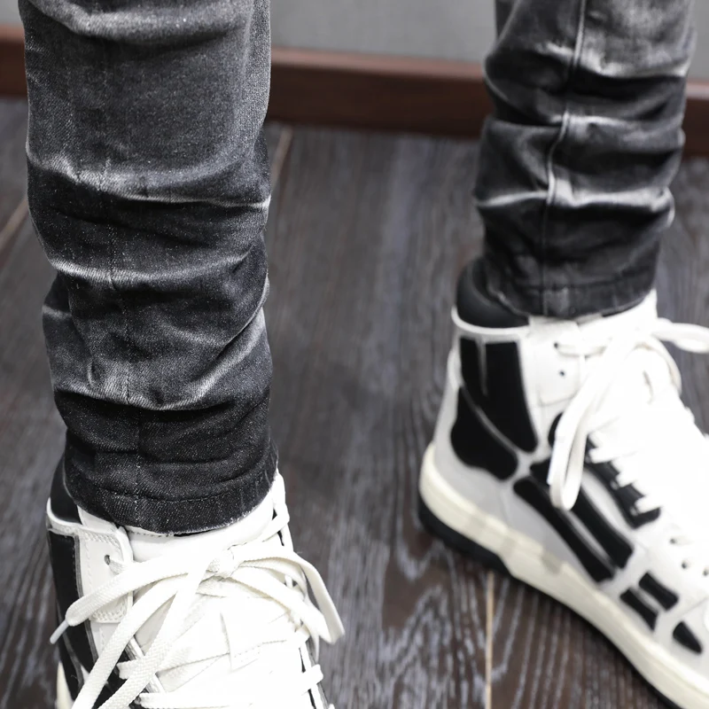 High Street Fashion Men Jeans Retro Black Gray Stretch Skinny Fit Ripped Jeans Men Leather Patched Designer Hip Hop Brand Pants 4