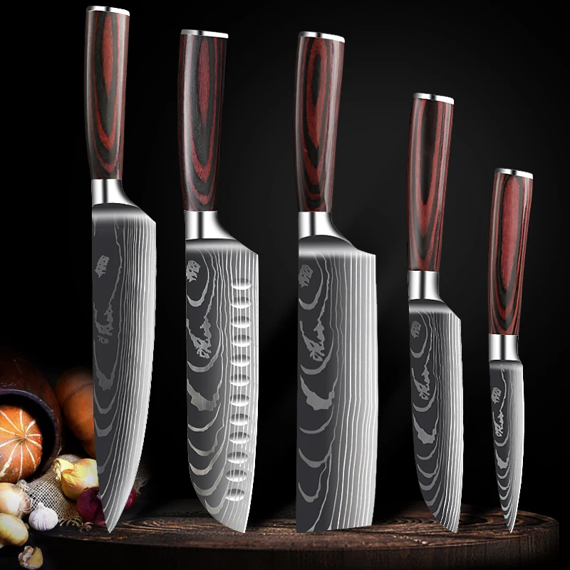 Chef Knife Set 7CR17MOV Stainless Steel Laser Damascus Pattern Japanese Kitchen Cleaver Utility Slicing Santoku Knife with Cover 