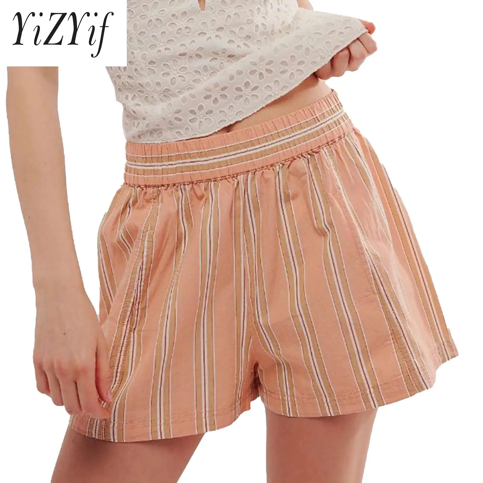 

YiZYiF Womens Contrast Color Striped Shorts Casual High Waist Elastic Waistband Panties with 2 Pockets for Homewear Sleepwear