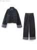 Casual Denim Pant Set for Women Lapel Long Sleeve Single Breasted Jacket Wide Leg Pocket Trouser Lady Streetwear Chic Outerwear 1