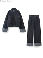 Casual Denim Pant Set for Women Lapel Long Sleeve Single Breasted Jacket Wide Leg Pocket Trouser Lady Streetwear Chic Outerwear 1