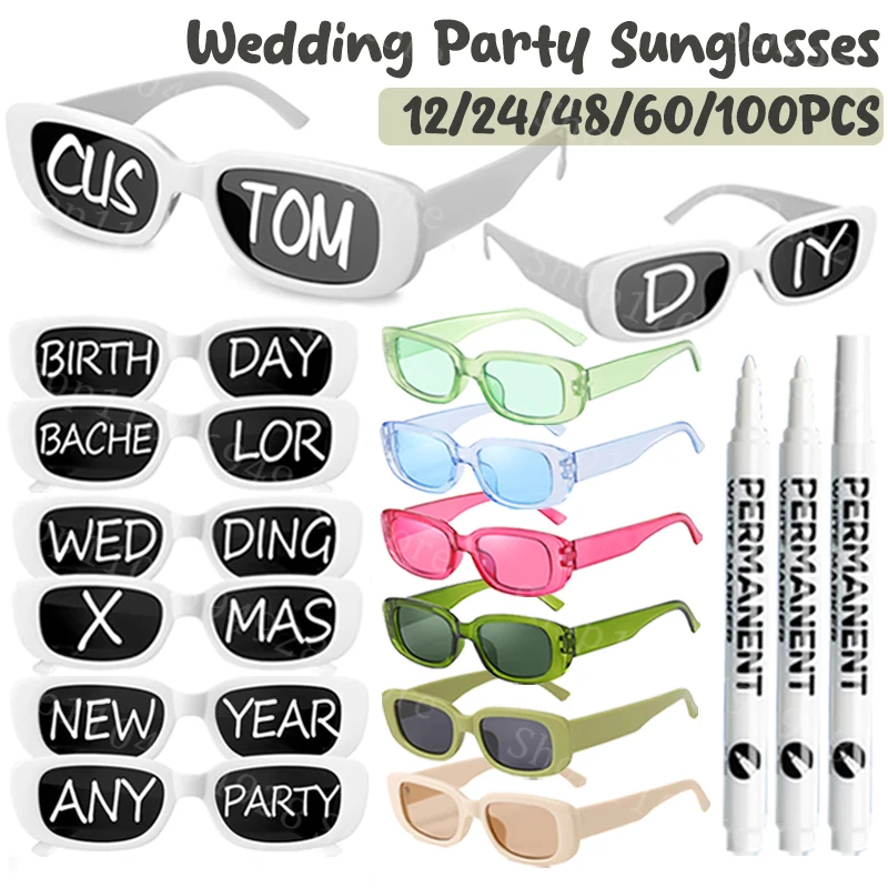Wedding Sunglasses with Pens Customizable Party Sunglasses Retro Rectangle Bachelorette Birthday Decor 12-100Pcs