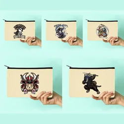 New Women Canvas Makeup Bag School Pencil Cases Samurai Series Pattern Cosmetic Bags Wedding Party Bridesmaid Makeup Bag Gifts